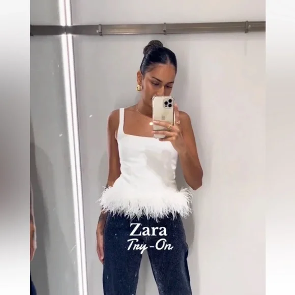 zara NWT white feathered tank top blouse stretch 4772/104 197 size small - Picture 4 of 12